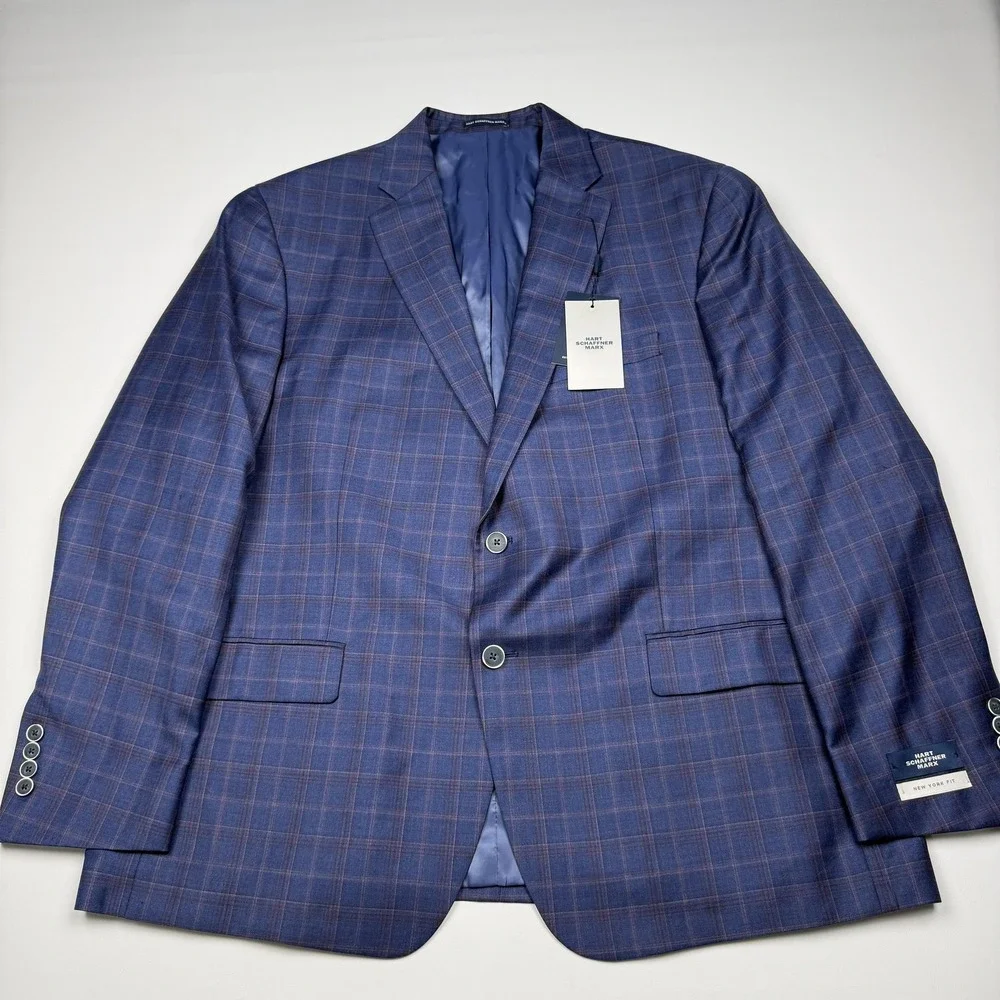 Hart Schaffner Marx Sport Coat Mens 48 Blue Plaid Wool New York Fit Canada Reda